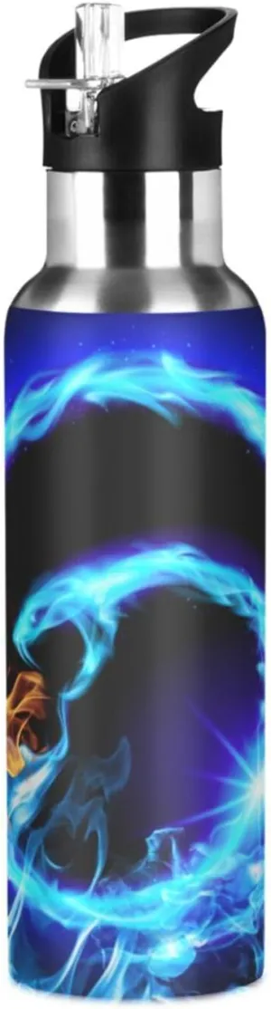 Blue Fire Snake Water Bottle with Straw Lid, BPA Free Leakproof Vacuum Insulated Stainless Steel, 30 Oz Hot Cold Thermal Flask Drinking Bottle for Gym Fitness Outdoor Sport