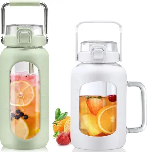 BLUEGO 64oz and 64oz Glass Water Bottles Bundle(64 LGreen   64 White) with Straw and Lids Handle Large Water Bottle with Sleeve, Half Gallon Water Jug, Glass Water Container, BPA Free