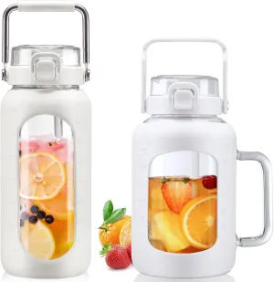 BLUEGO 64oz and 64oz Glass Water Bottles Bundle(64 White   64 White) with Straw and Lids Handle Large Water Bottle with Sleeve, Half Gallon Water Jug, Glass Water Container, BPA Free