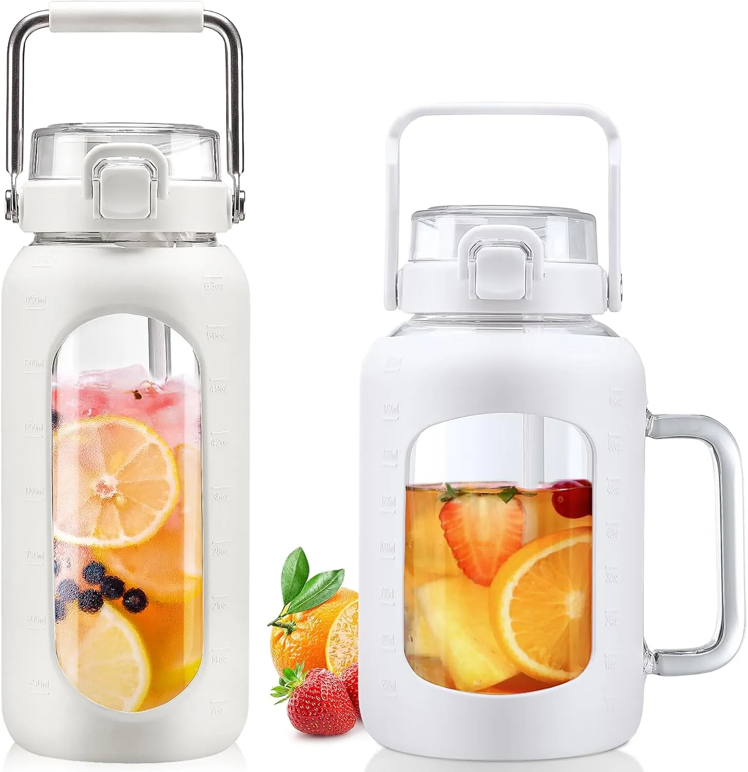 BLUEGO 64oz and 64oz Glass Water Bottles Bundle(64 White   64 White) with Straw and Lids Handle Large Water Bottle with Sleeve, Half Gallon Water Jug, Glass Water Container, BPA Free