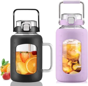 BLUEGO 64oz and 84oz Glass Water Bottles Bundle(64 Black   84 Purple) with Straw and Lids Handle Large Water Tumbler with Sleeve, Glass Water Container, 2 Liter Water Jug Glass, BPA Free
