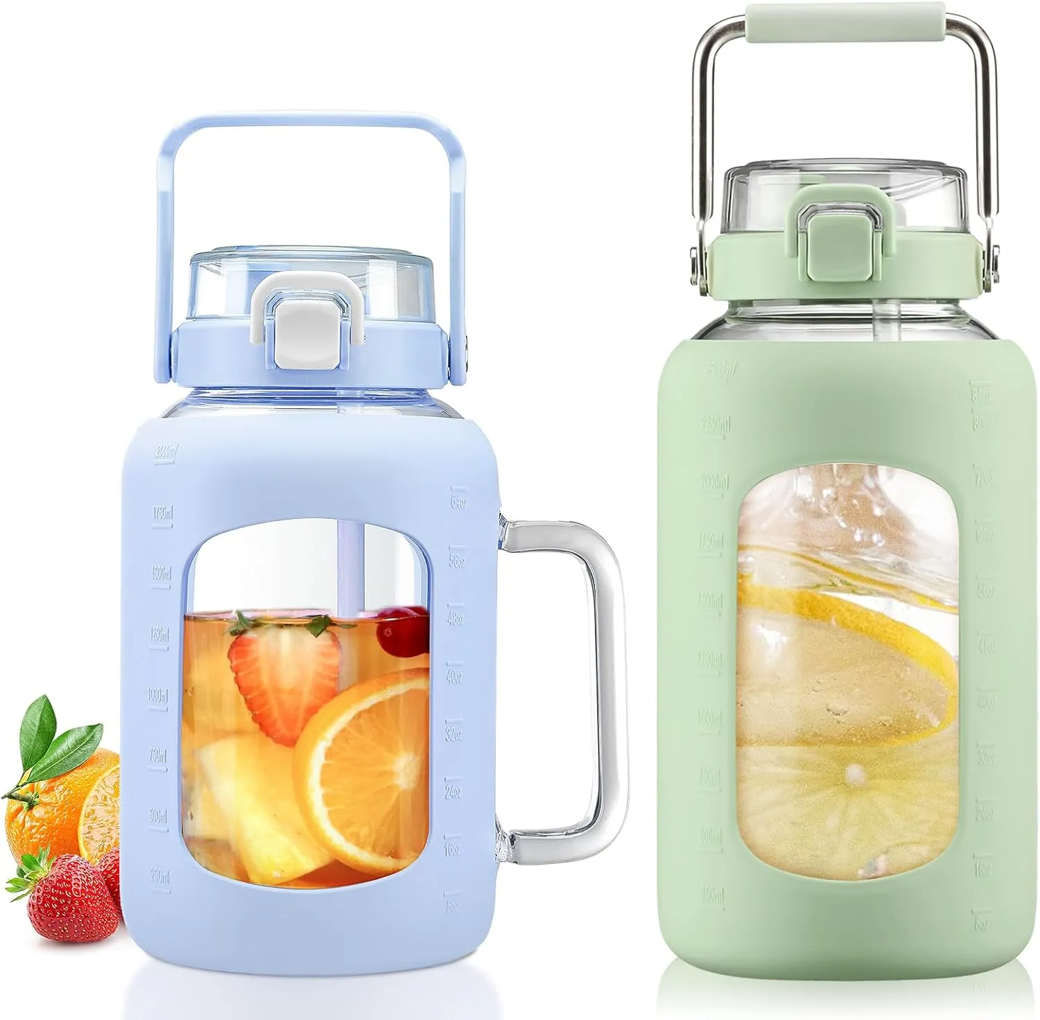 BLUEGO 64oz and 84oz Glass Water Bottles Bundle(64 Blue   84 LGreen) with Straw and Lids Handle Large Water Tumbler with Sleeve, Glass Water Container, 2 Liter Water Jug Glass, BPA Free