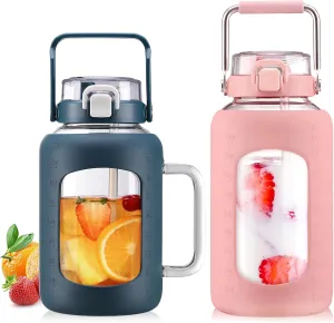 BLUEGO 64oz and 84oz Glass Water Bottles Bundle(64 DBlue   84 Pink) with Straw and Lids Handle Large Water Tumbler with Sleeve, Glass Water Container, 2 Liter Water Jug Glass, BPA Free