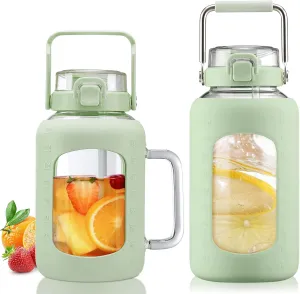 BLUEGO 64oz and 84oz Glass Water Bottles Bundle(64 LGreen   84 LGreen) with Straw and Lids Handle Large Water Tumbler with Sleeve, Glass Water Container, 2 Liter Water Jug Glass, BPA Free