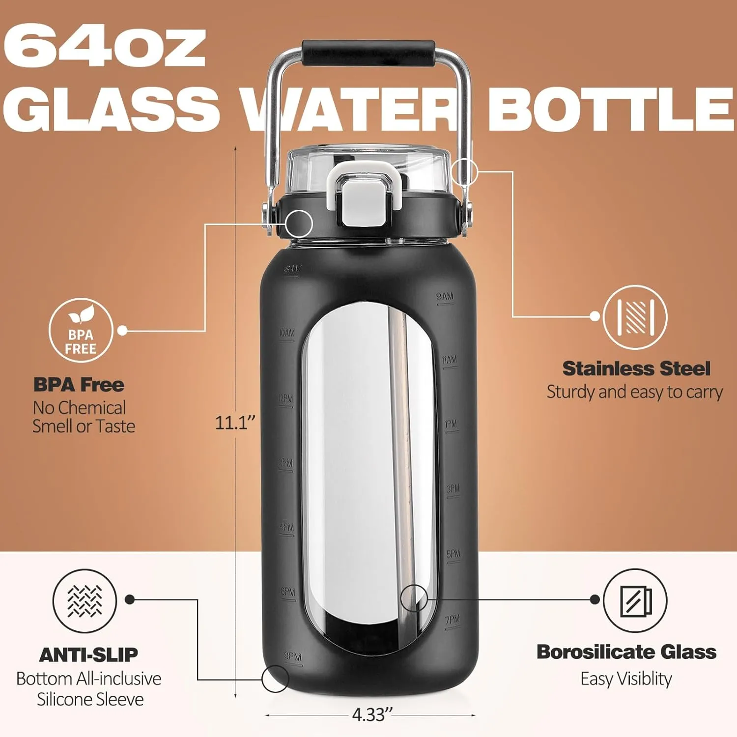 BLUEGO 64oz Water Bottle Glass with Stainless Steel Handle Large Water Bottle with Time Markers and Silicone Sleeve Half Gallon Water Jug BPA Free for Gym Daily Use, Black