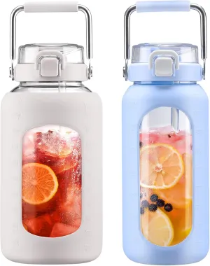 BLUEGO 84oz and 64oz Glass Water Bottles Bundle(84 White   64 Light Blue) with Straw and Stainless Steel Handle, Large Water Bottle with Sleeve, Half Gallon Water Jug, Glass Water Container, BPA Free