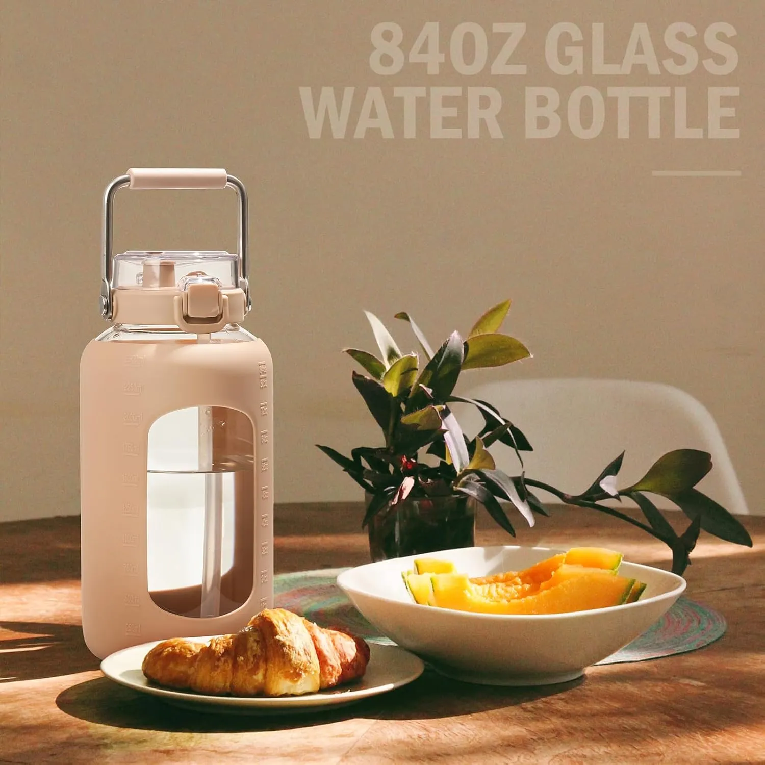 BLUEGO 84oz Water Bottle Glass with Stainless Steel Handle Large Water Bottle with Time Markers and Silicone Sleeve Half Gallon Water Jug BPA Free for Gym Daily Use, Amber