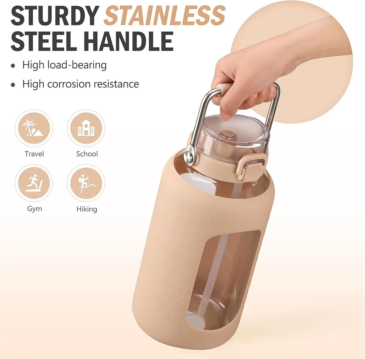 BLUEGO 84oz Water Bottle Glass with Stainless Steel Handle Large Water Bottle with Time Markers and Silicone Sleeve Half Gallon Water Jug BPA Free for Gym Daily Use, Amber