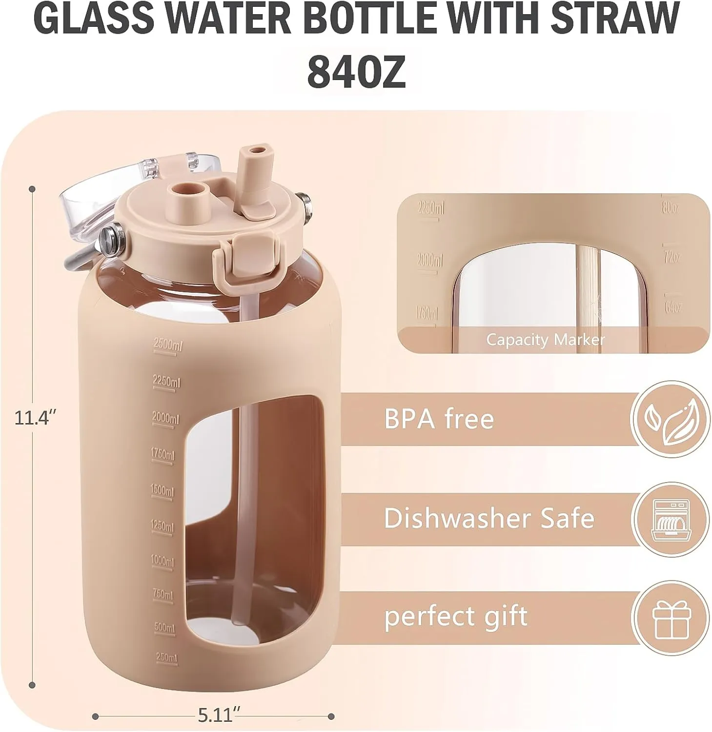 BLUEGO 84oz Water Bottle Glass with Stainless Steel Handle Large Water Bottle with Time Markers and Silicone Sleeve Half Gallon Water Jug BPA Free for Gym Daily Use, Amber