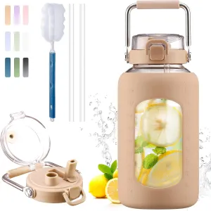 BLUEGO 84oz Water Bottle Glass with Stainless Steel Handle Large Water Bottle with Time Markers and Silicone Sleeve Half Gallon Water Jug BPA Free for Gym Daily Use, Amber