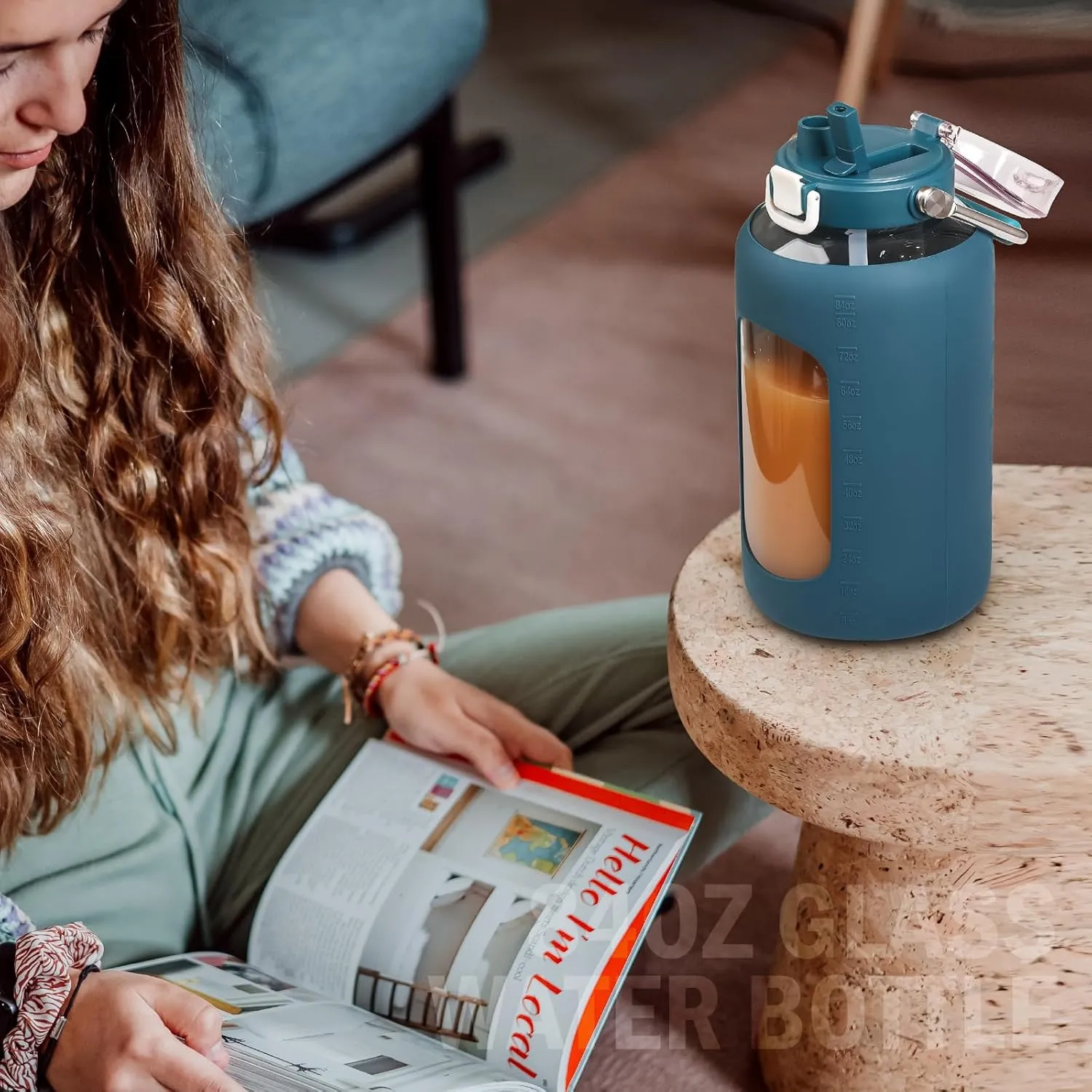 BLUEGO 84oz Water Bottle Glass with Stainless Steel Handle Large Water Bottle with Time Markers and Silicone Sleeve Half Gallon Water Jug BPA Free for Gym Daily Use, Dark Blue