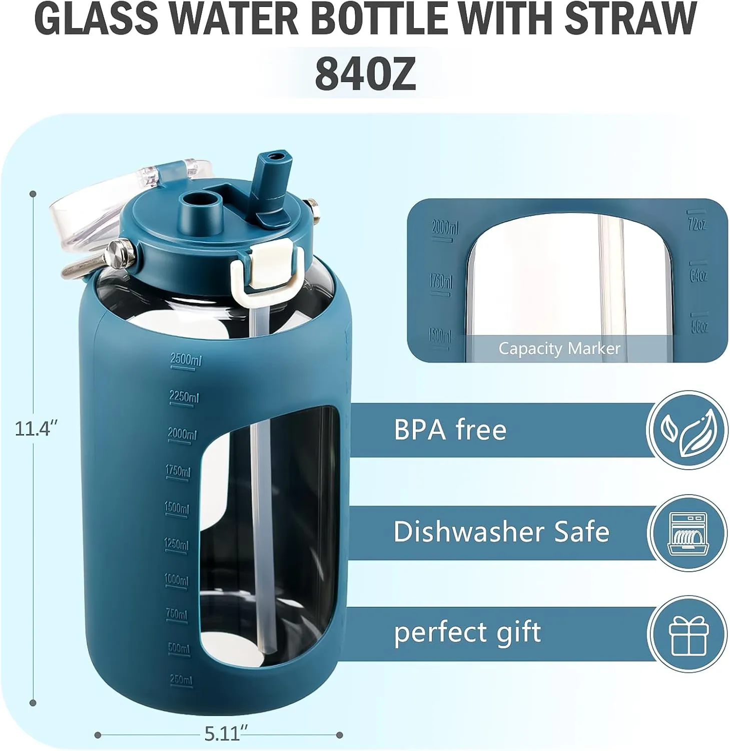 BLUEGO 84oz Water Bottle Glass with Stainless Steel Handle Large Water Bottle with Time Markers and Silicone Sleeve Half Gallon Water Jug BPA Free for Gym Daily Use, Dark Blue