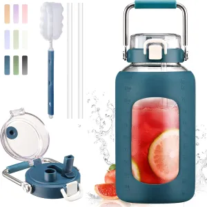 BLUEGO 84oz Water Bottle Glass with Stainless Steel Handle Large Water Bottle with Time Markers and Silicone Sleeve Half Gallon Water Jug BPA Free for Gym Daily Use, Dark Blue