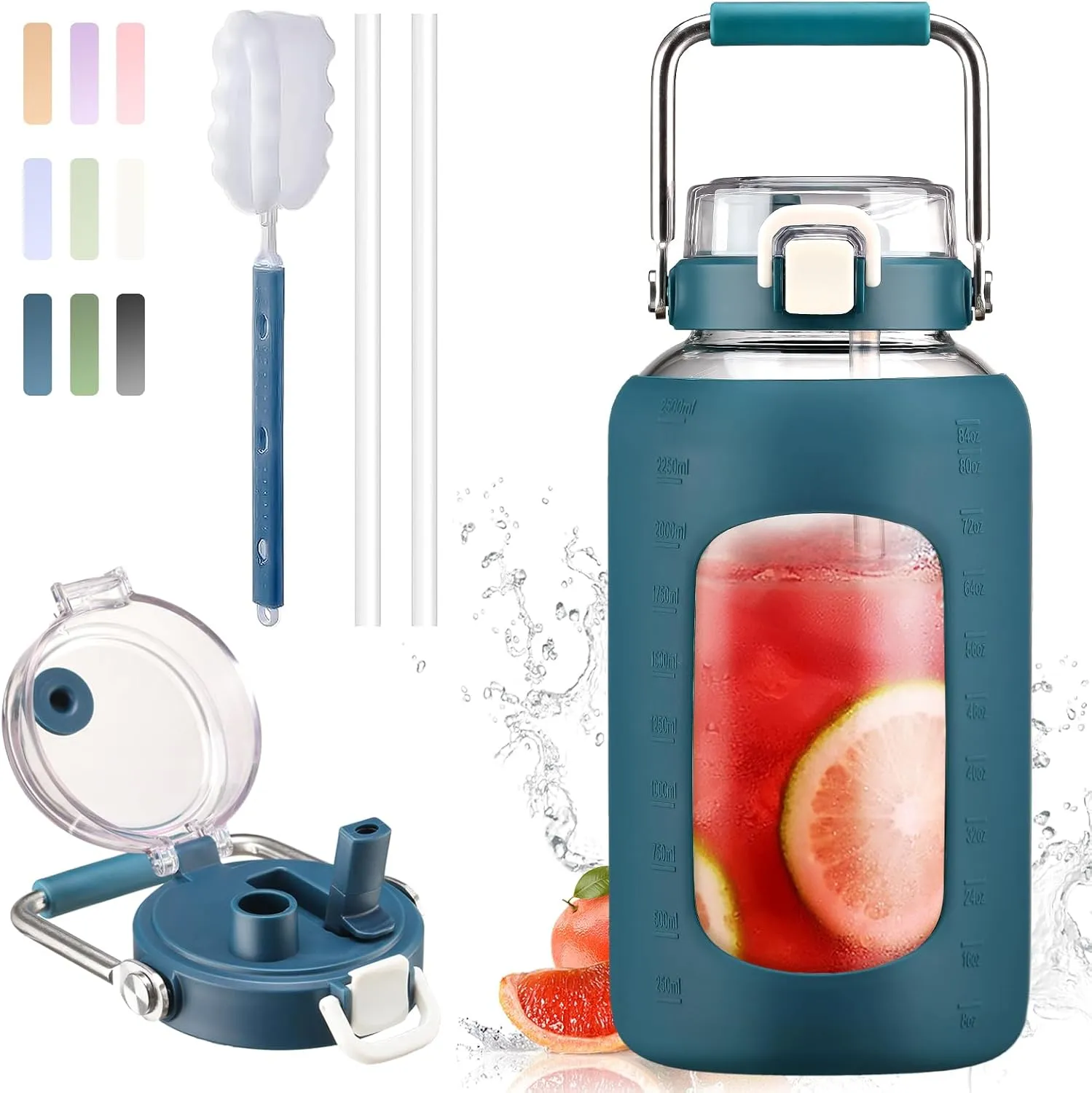 BLUEGO 84oz Water Bottle Glass with Stainless Steel Handle Large Water Bottle with Time Markers and Silicone Sleeve Half Gallon Water Jug BPA Free for Gym Daily Use, Dark Blue