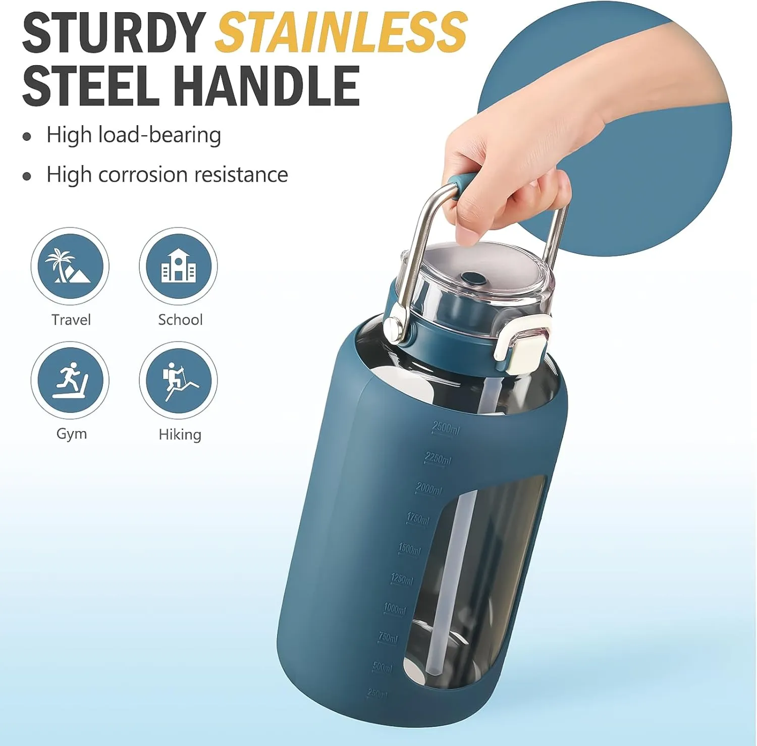 BLUEGO 84oz Water Bottle Glass with Stainless Steel Handle Large Water Bottle with Time Markers and Silicone Sleeve Half Gallon Water Jug BPA Free for Gym Daily Use, Dark Blue