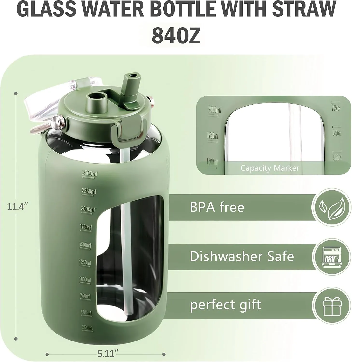 BLUEGO 84oz Water Bottle Glass with Stainless Steel Handle Large Water Bottle with Time Markers and Silicone Sleeve Half Gallon Water Jug BPA Free for Gym Daily Use, Olive