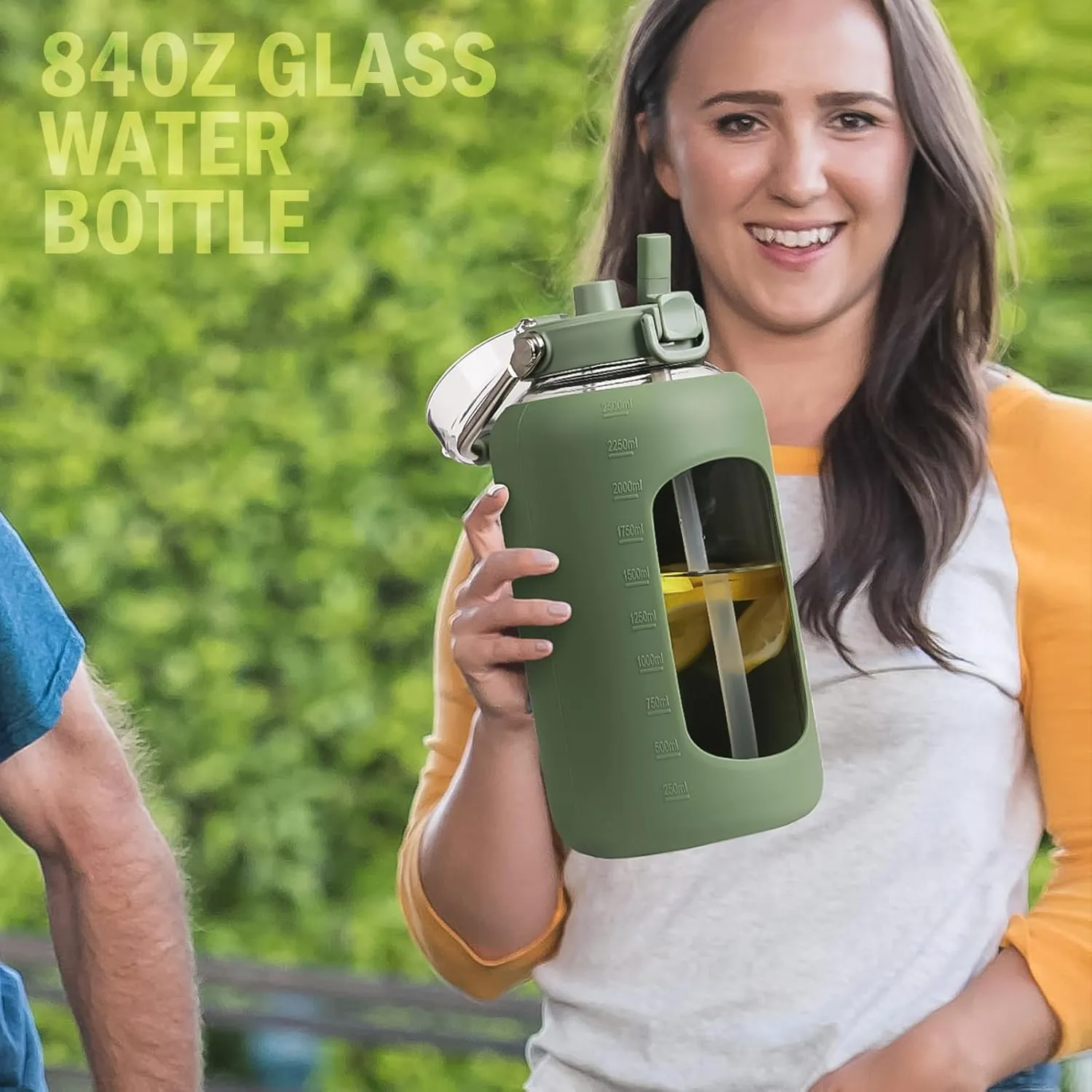 BLUEGO 84oz Water Bottle Glass with Stainless Steel Handle Large Water Bottle with Time Markers and Silicone Sleeve Half Gallon Water Jug BPA Free for Gym Daily Use, Olive