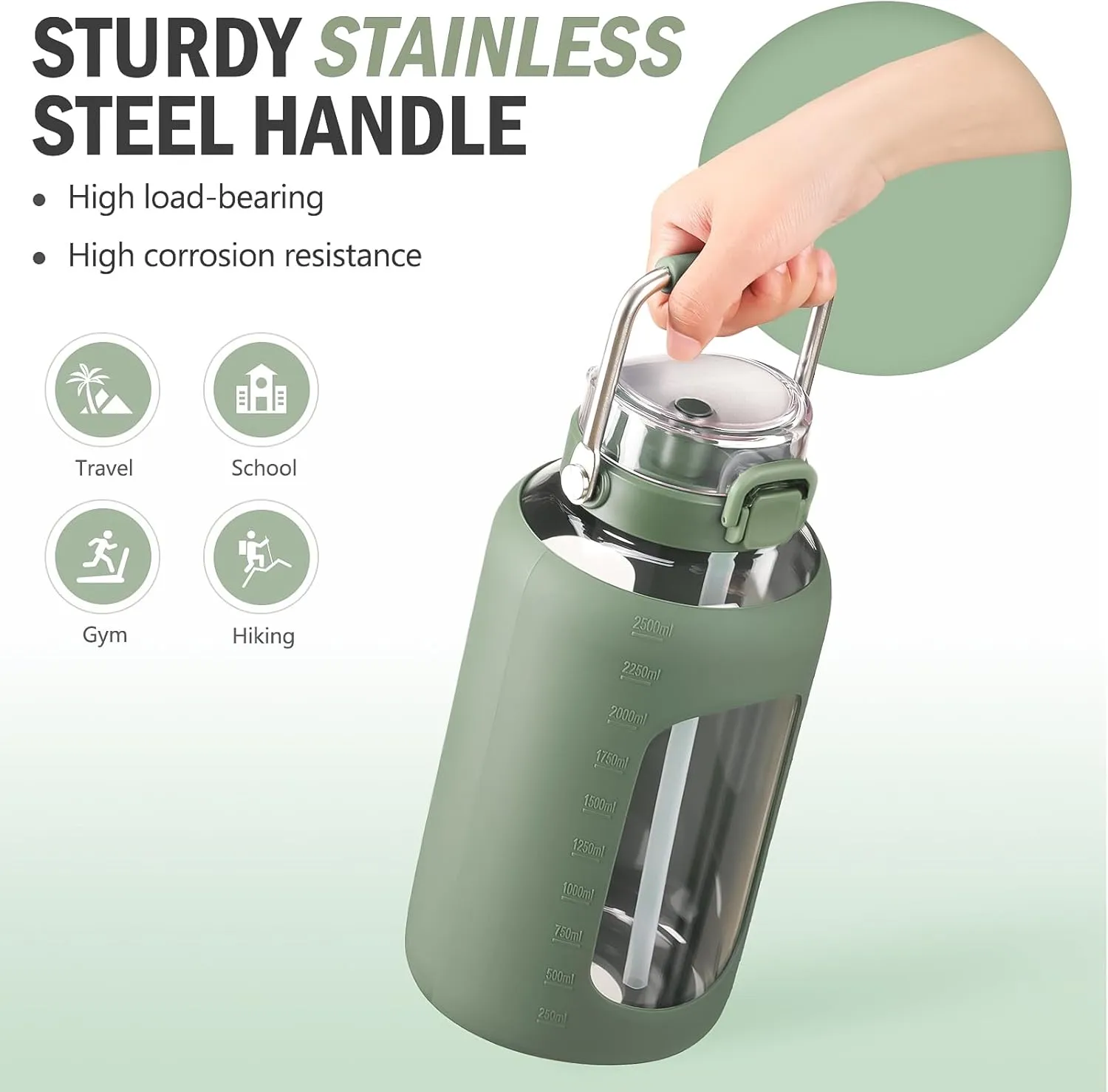 BLUEGO 84oz Water Bottle Glass with Stainless Steel Handle Large Water Bottle with Time Markers and Silicone Sleeve Half Gallon Water Jug BPA Free for Gym Daily Use, Olive