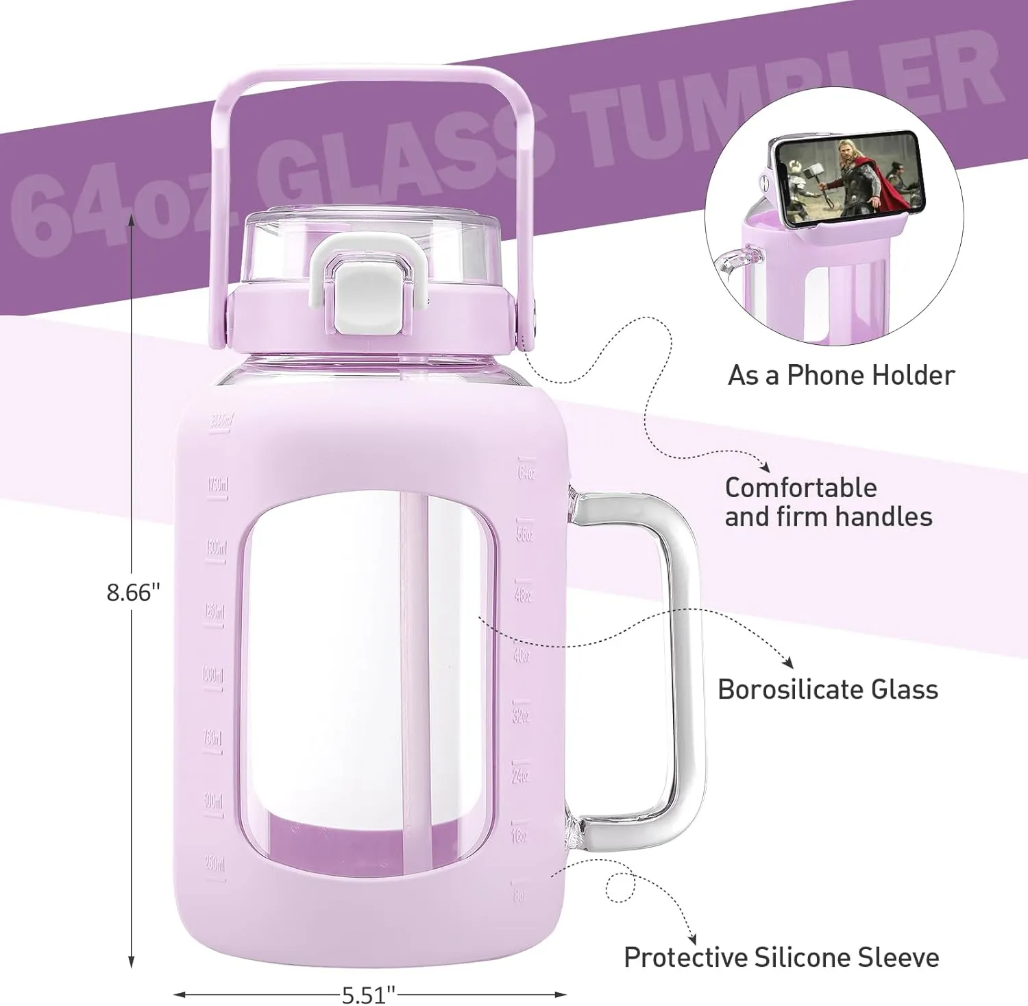 BLUEGO Water Bottle 64 oz Tumbler with Lid and Straw, Glass Water Bottle with Straw, Water Tumbler with Handle Half Gallon Water Jug Large Waterbottle for Daily Water Intake, BPA Free, Purple