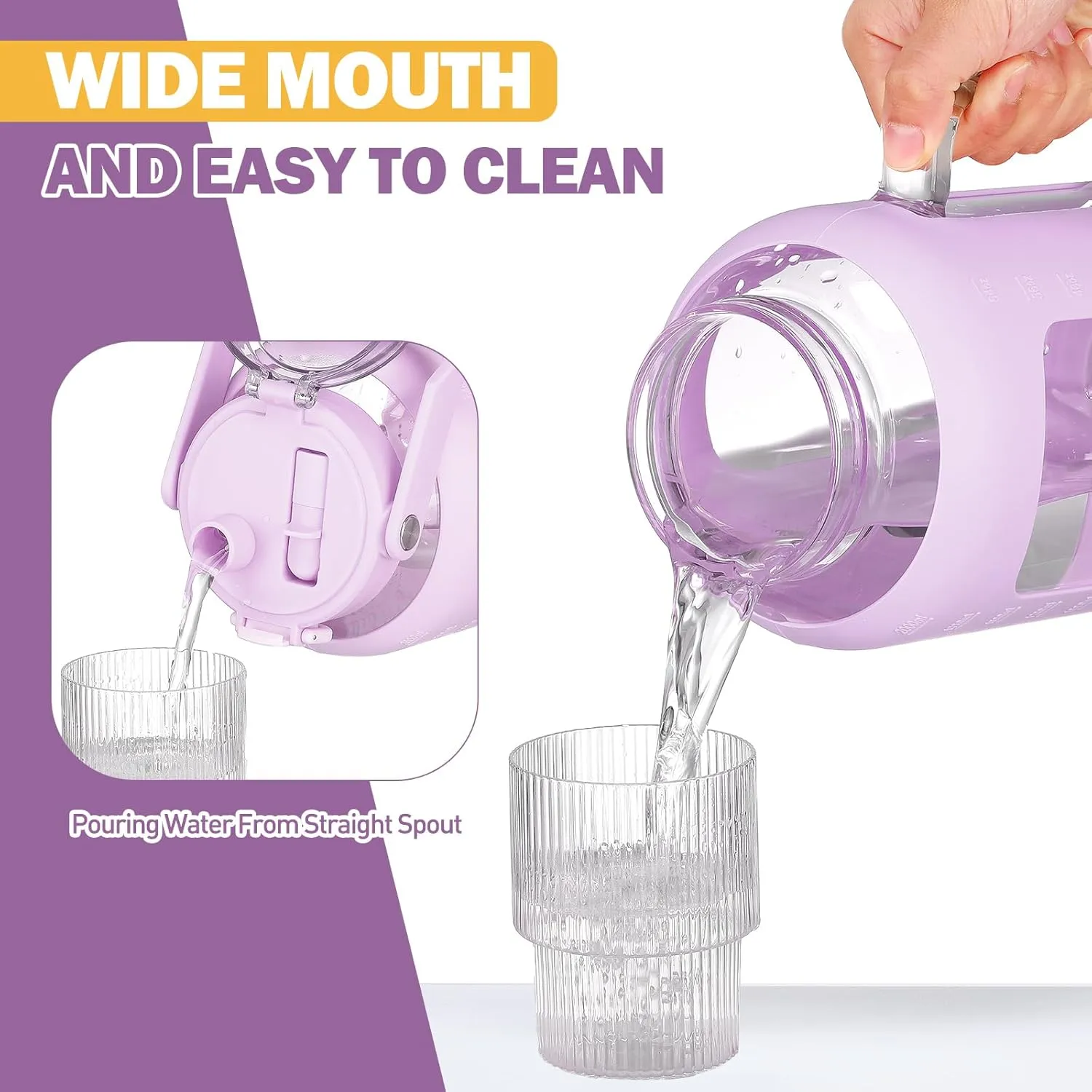 BLUEGO Water Bottle 64 oz Tumbler with Lid and Straw, Glass Water Bottle with Straw, Water Tumbler with Handle Half Gallon Water Jug Large Waterbottle for Daily Water Intake, BPA Free, Purple