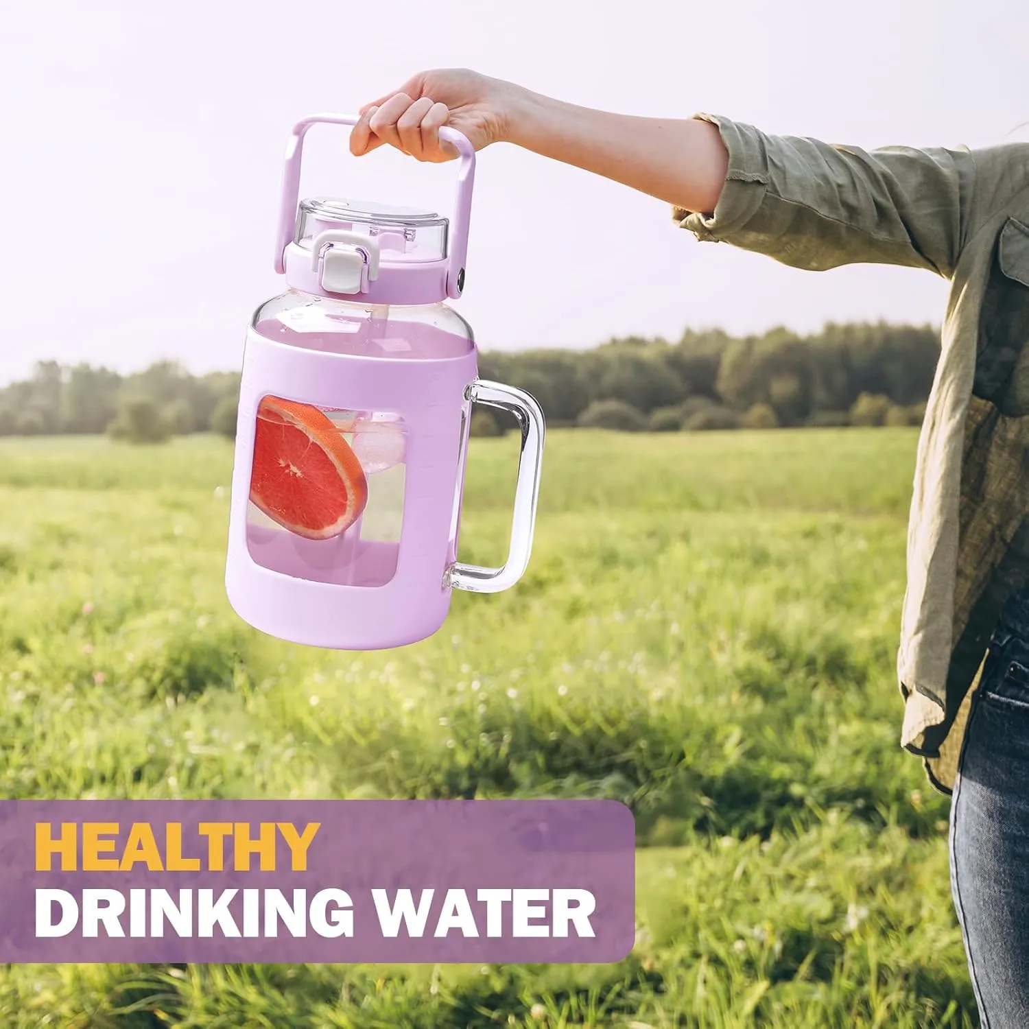 BLUEGO Water Bottle 64 oz Tumbler with Lid and Straw, Glass Water Bottle with Straw, Water Tumbler with Handle Half Gallon Water Jug Large Waterbottle for Daily Water Intake, BPA Free, Purple