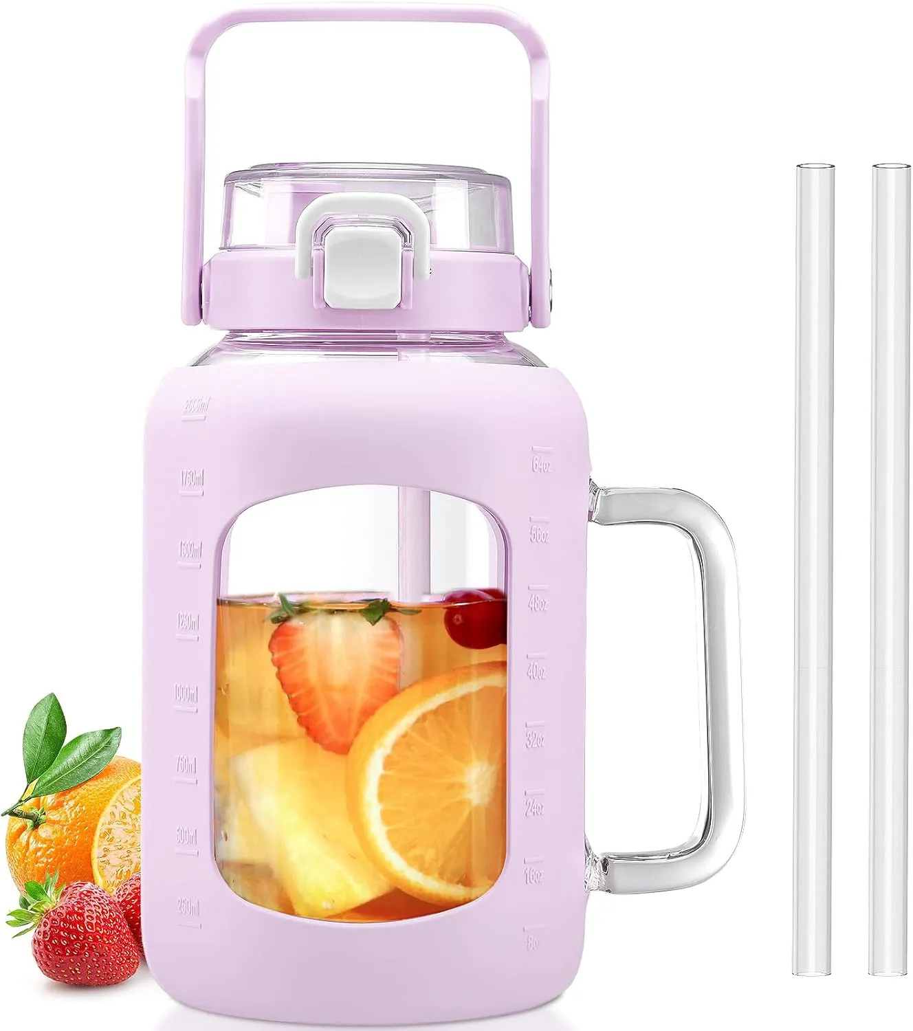 BLUEGO Water Bottle 64 oz Tumbler with Lid and Straw, Glass Water Bottle with Straw, Water Tumbler with Handle Half Gallon Water Jug Large Waterbottle for Daily Water Intake, BPA Free, Purple