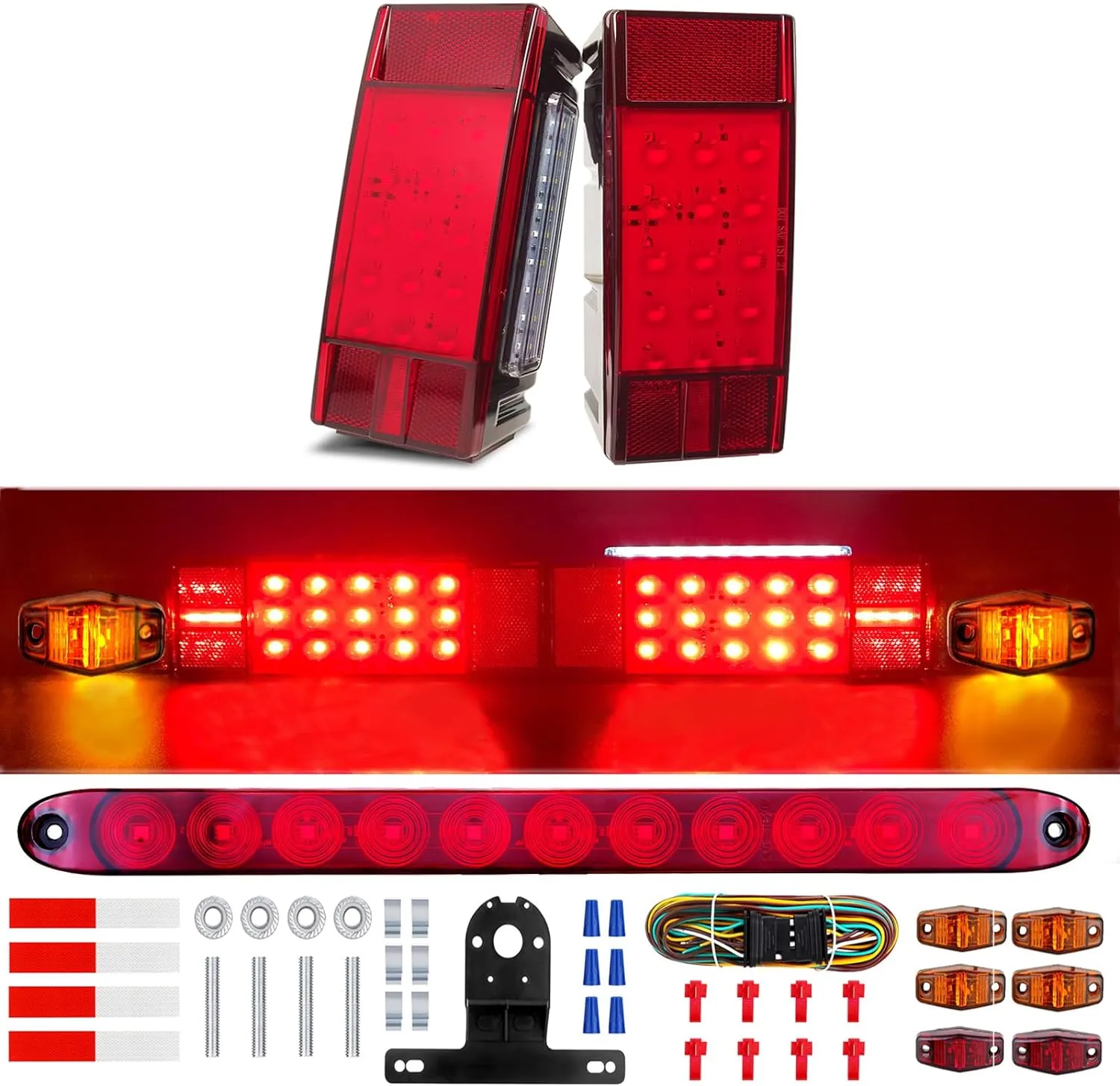 Boat Trailer Lights Led Submersible Kit, Brightest 8x3inch Long Waterproof Trailer Lights Led Kit with 29Feet 4 Way Flat Wiring Harness