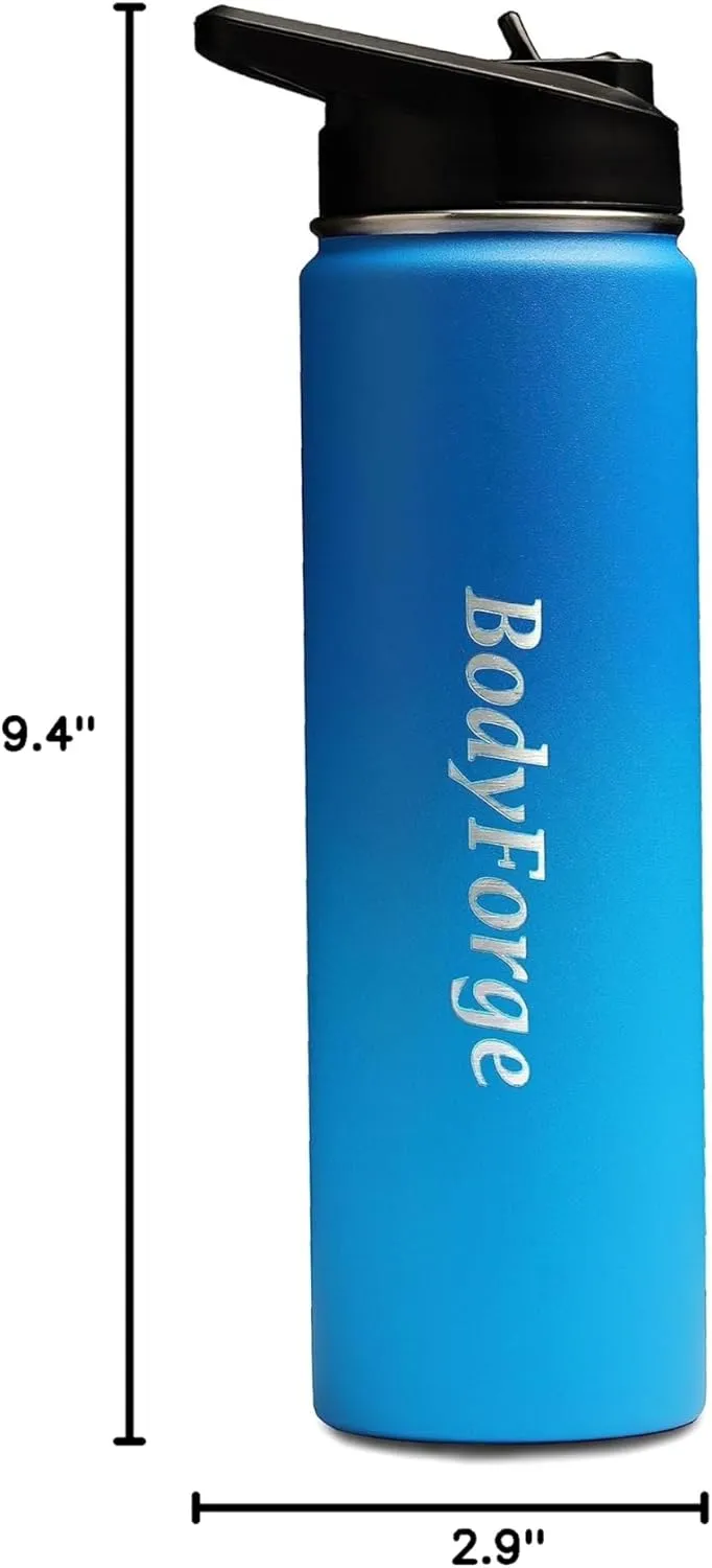 BodyForge Sports Water Bottle - 22oz, 3 Lids & Straw Lid, Leak Proof Stainless Steel Gym & Sport Bottles for Men, Women & Kids - Double Walled, Insulated Thermos, Metal Canteen (Blue/Light Blue)