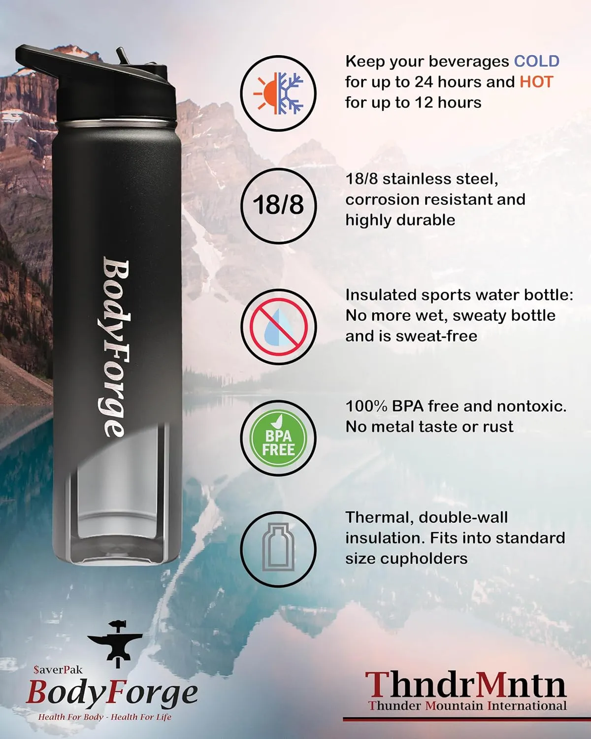 BodyForge Sports Water Bottle - 22oz, 3 Lids & Straw Lid, Leak Proof Stainless Steel Gym & Sport Bottles for Men, Women & Kids - Double Walled, Insulated Thermos, Metal Canteen (Blue/Light Blue)