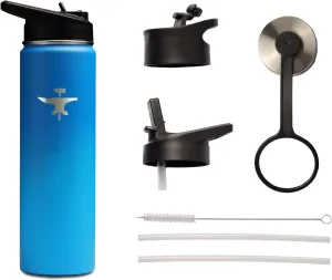 BodyForge Sports Water Bottle - 22oz, 3 Lids & Straw Lid, Leak Proof Stainless Steel Gym & Sport Bottles for Men, Women & Kids - Double Walled, Insulated Thermos, Metal Canteen (Blue/Light Blue)