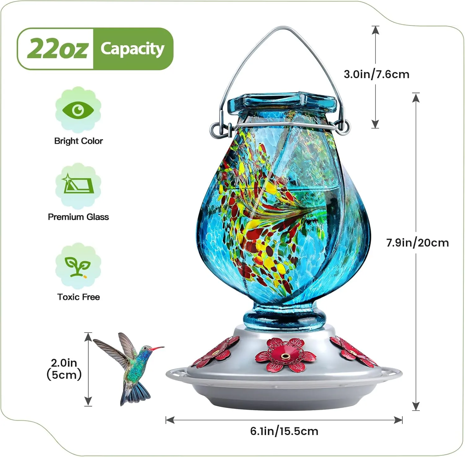 BOLITE Hummingbird Feeder, Hand Blown Glass Hummingbird Feeders for Outdoors Hanging, with Ant Moat and 5 Feeding Ports, 22 Ounces, Blue, Birthday Gifts for Women Men, Gifts for Mom Dad