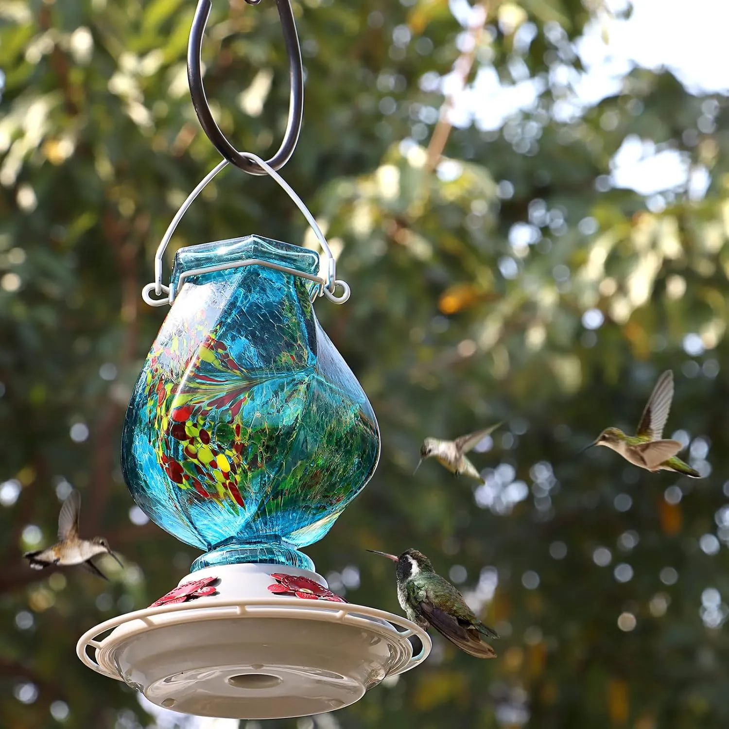 BOLITE Hummingbird Feeder, Hand Blown Glass Hummingbird Feeders for Outdoors Hanging, with Ant Moat and 5 Feeding Ports, 22 Ounces, Blue, Birthday Gifts for Women Men, Gifts for Mom Dad