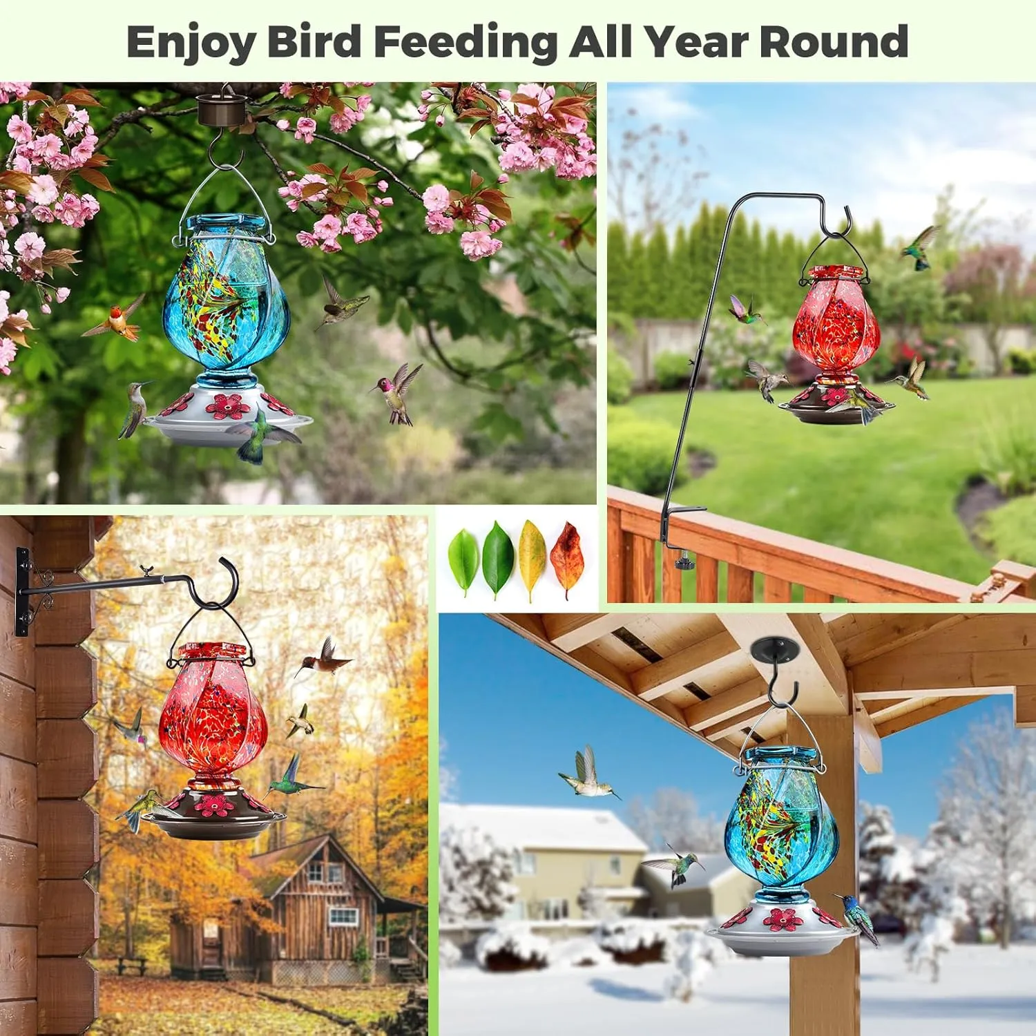 BOLITE Hummingbird Feeder, Hand Blown Glass Hummingbird Feeders for Outdoors Hanging, with Ant Moat and 5 Feeding Ports, 22 Ounces, Blue, Birthday Gifts for Women Men, Gifts for Mom Dad
