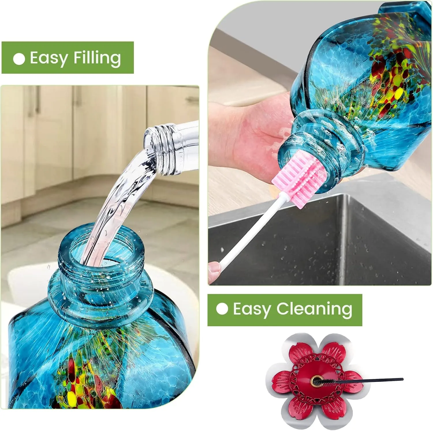 BOLITE Hummingbird Feeder, Hand Blown Glass Hummingbird Feeders for Outdoors Hanging, with Ant Moat and 5 Feeding Ports, 22 Ounces, Blue, Birthday Gifts for Women Men, Gifts for Mom Dad