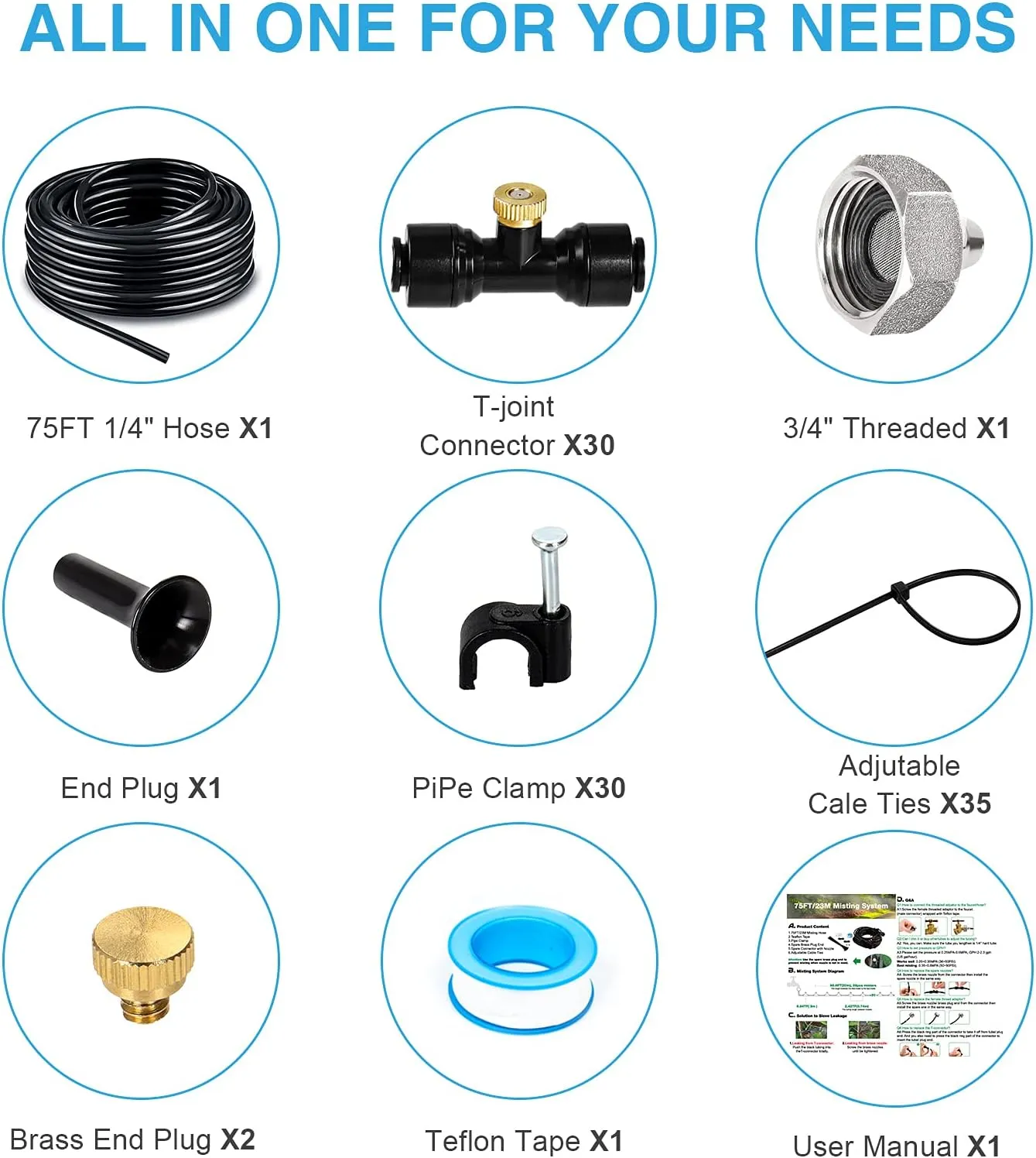 Bonviee Misters for Outside Patio, 75FT (23M) Patio Misting System, Outdoor Misters for Patio Cooling, 28 Brass Mist Nozzles, 3/4" Adapter, DIY Water Misters for Cooling Outdoor Garden Greenhouse