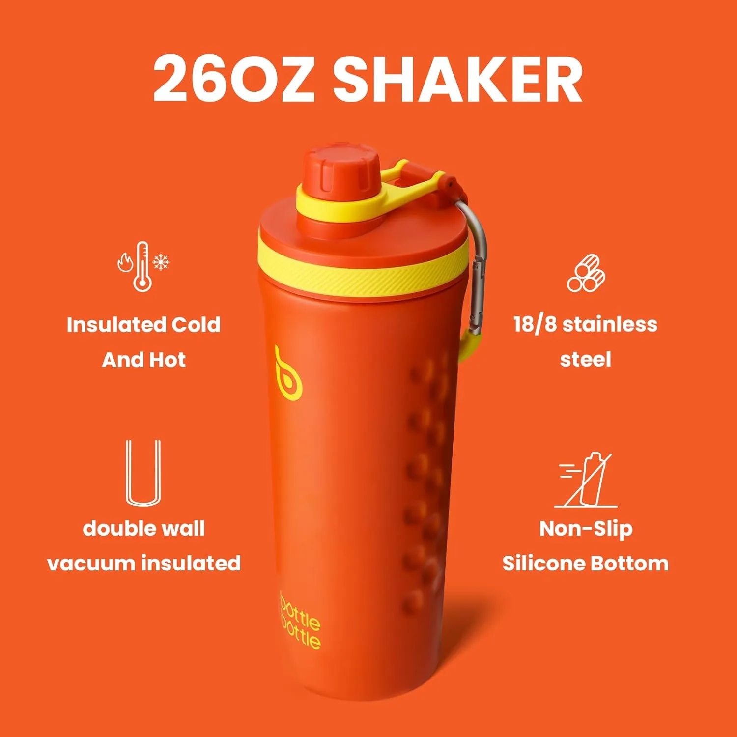 BOTTLE BOTTLE 26 oz Insulated Shaker Bottle Insulated Water Bottle for Men and Women Protein Shaker Bottles for Gym Water Cup orangered