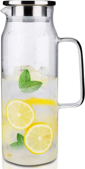 BOTTLE BOTTLE Glass Pitcher with Lid and Handle 50 oz/1500ml Water Pitcher for Ice Tea and Homemade Juice Heat Resistant Borosilicate Glass Carafe for Hot/Cold Water
