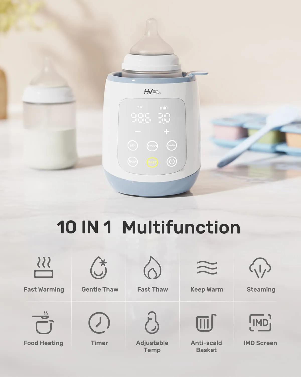 Bottle Warmer, 10-in-1 Fast Baby Bottle Warmer for Breastmilk or Formula with Timer, IMD LED Display, Accurate Temperature Control, Automatic Shut-Off, BPA-Free, Bottle Warmers for All Bottles (Blue)