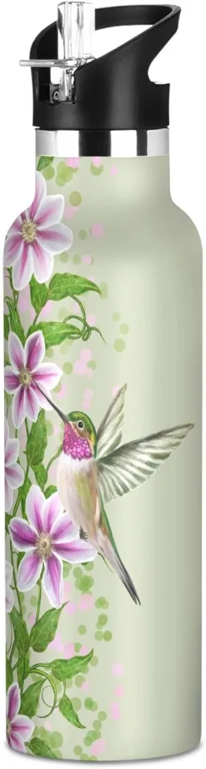 Boys Water Bottle with Straw Reusable Tumbler for Toddlers 20oz Kids Insulated Cups Leak Proof Double Wall 304 Stainless Steel Water Flask School Bottle,Bird Hummingbird Purple Flowers
