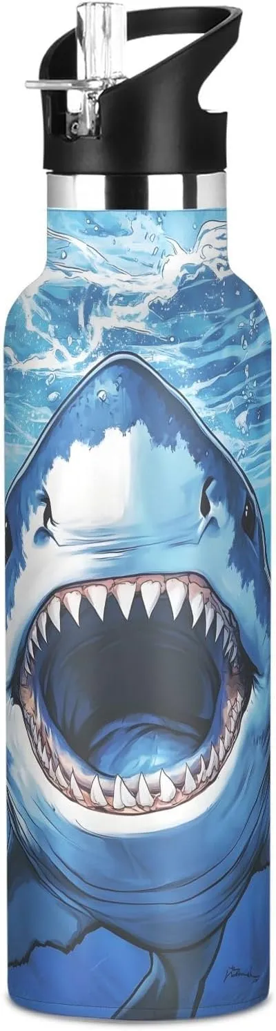 Boys Water Bottle with Straw Reusable Tumbler for Toddlers 20oz Kids Insulated Cups Leak Proof Double Wall 304 Stainless Steel Water Flask School Bottle,Cartoon Blue Shark