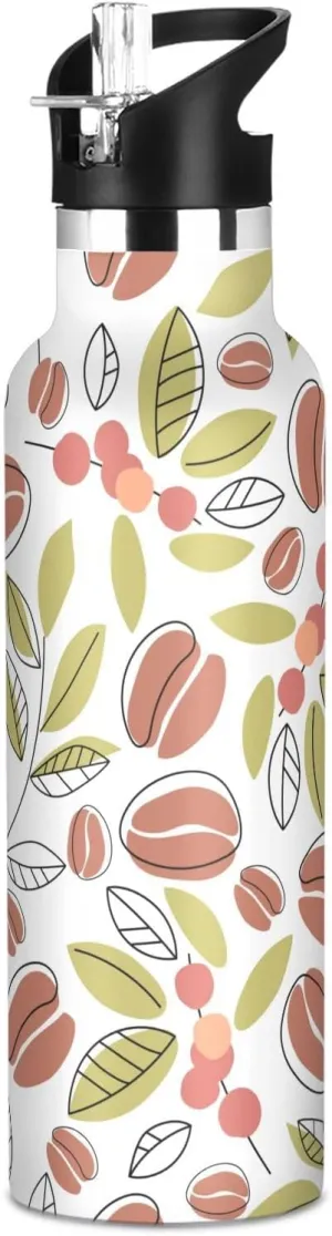 Boys Water Bottle with Straw Reusable Tumbler for Toddlers 20oz Kids Insulated Cups Leak Proof Double Wall 304 Stainless Steel Water Flask School Bottle,Coffee Beans Branches