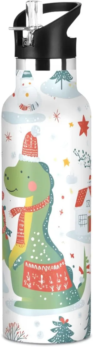 Boys Water Bottle with Straw Reusable Tumbler for Toddlers 20oz Kids Insulated Cups Leak Proof Double Wall 304 Stainless Steel Water Flask School Bottle,Colorful Green Dinosaurs
