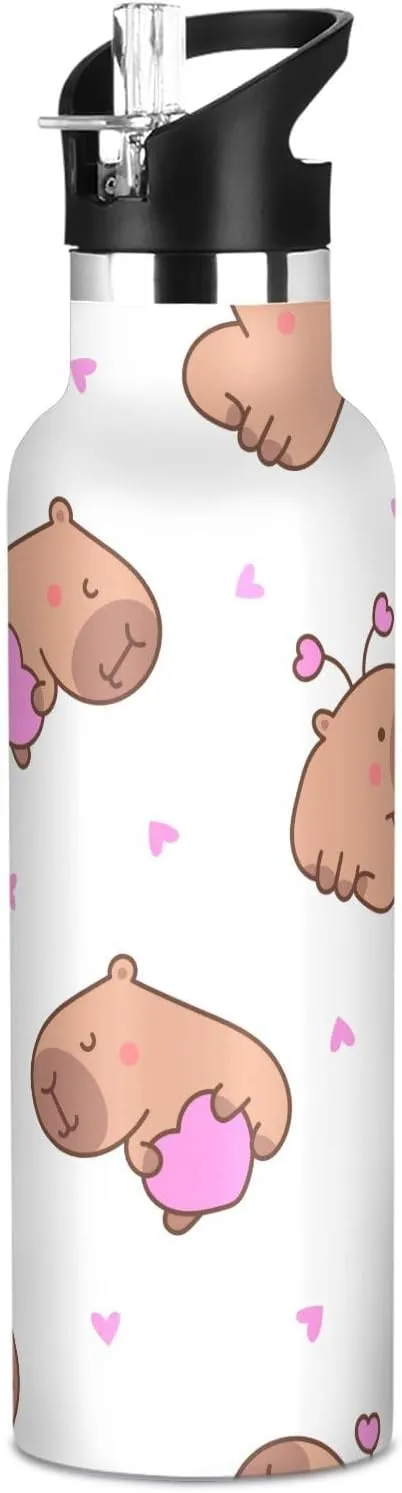 Boys Water Bottle with Straw Reusable Tumbler for Toddlers 20oz Kids Insulated Cups Leak Proof Double Wall 304 Stainless Steel Water Flask School Bottle,Cute Cartoon Capybara