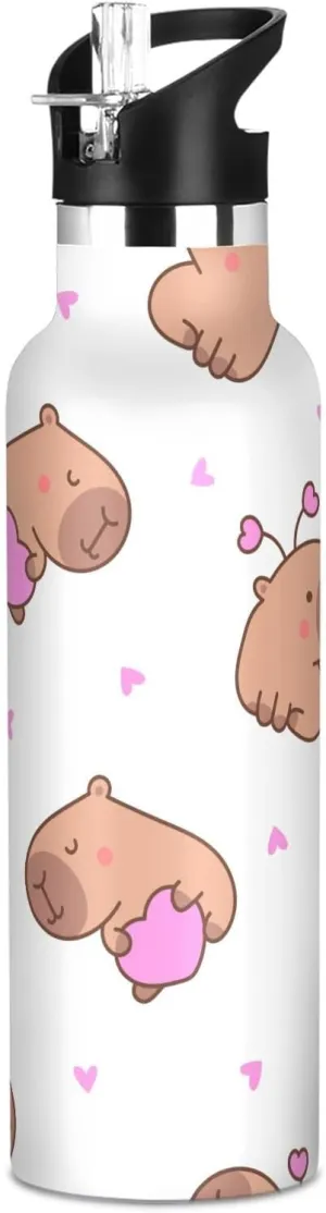 Boys Water Bottle with Straw Reusable Tumbler for Toddlers 20oz Kids Insulated Cups Leak Proof Double Wall 304 Stainless Steel Water Flask School Bottle,Cute Cartoon Capybara