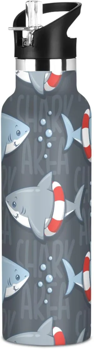 Boys Water Bottle with Straw Reusable Tumbler for Toddlers 20oz Kids Insulated Cups Leak Proof Double Wall 304 Stainless Steel Water Flask School Bottle,Cute Shark Area