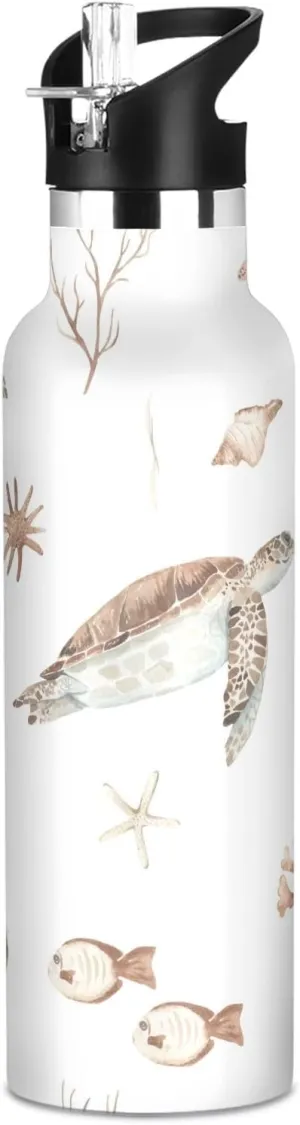 Boys Water Bottle with Straw Reusable Tumbler for Toddlers 20oz Kids Insulated Cups Leak Proof Double Wall 304 Stainless Steel Water Flask School Bottle,Retro Sea Turtle