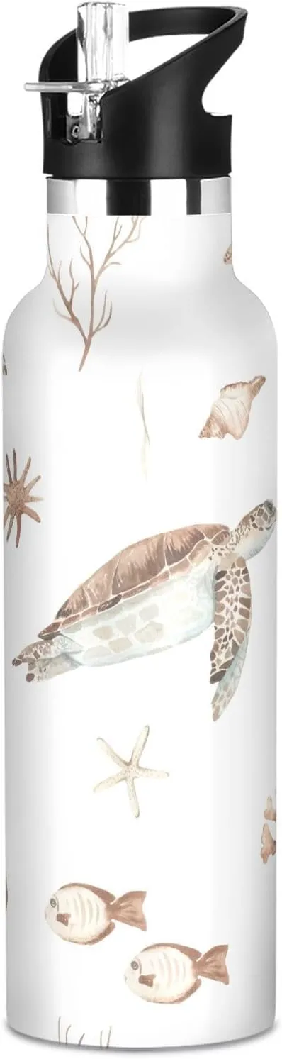 Boys Water Bottle with Straw Reusable Tumbler for Toddlers 20oz Kids Insulated Cups Leak Proof Double Wall 304 Stainless Steel Water Flask School Bottle,Retro Sea Turtle