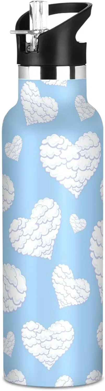 Boys Water Bottle with Straw Reusable Tumbler for Toddlers 20oz Kids Insulated Cups Leak Proof Double Wall 304 Stainless Steel Water Flask School Bottle,Valentine's Day Heart Blue