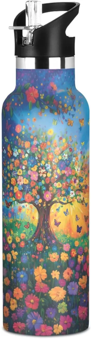Boys Water Bottle with Straw Reusable Tumbler for Toddlers 20oz Kids Insulated Cups Leak Proof Double Wall 304 Stainless Steel Water Flask School Bottle,Vibrant Tree Blooming Flowers