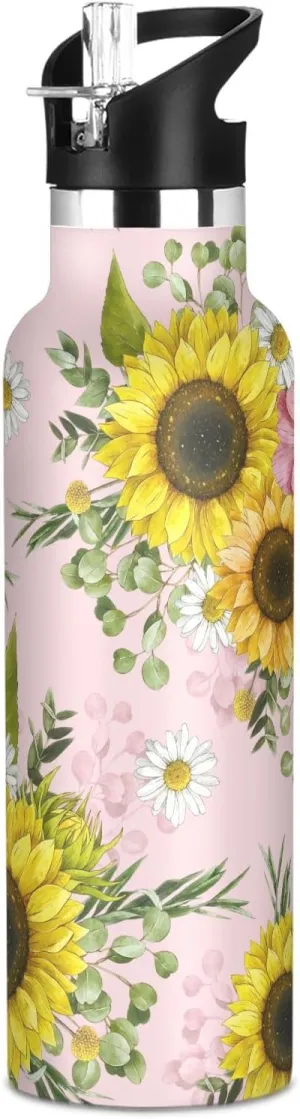 Boys Water Bottle with Straw Reusable Tumbler for Toddlers 20oz Kids Insulated Cups Leak Proof Double Wall 304 Stainless Steel Water Flask School Bottle,Yellow Sunflower Chamomile